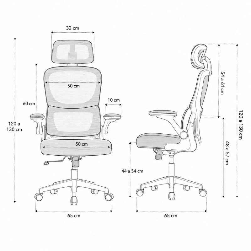 Desenho técnico com as dimensões da cadeira ergonômica